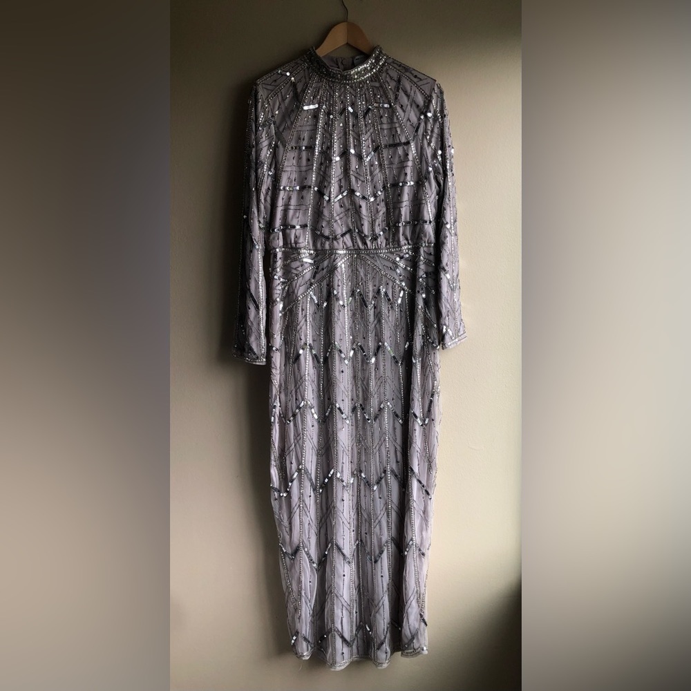 NEW ASOS Sequin Luxury Design Maxi Gray Silver Long Sleeve Dress Size 14